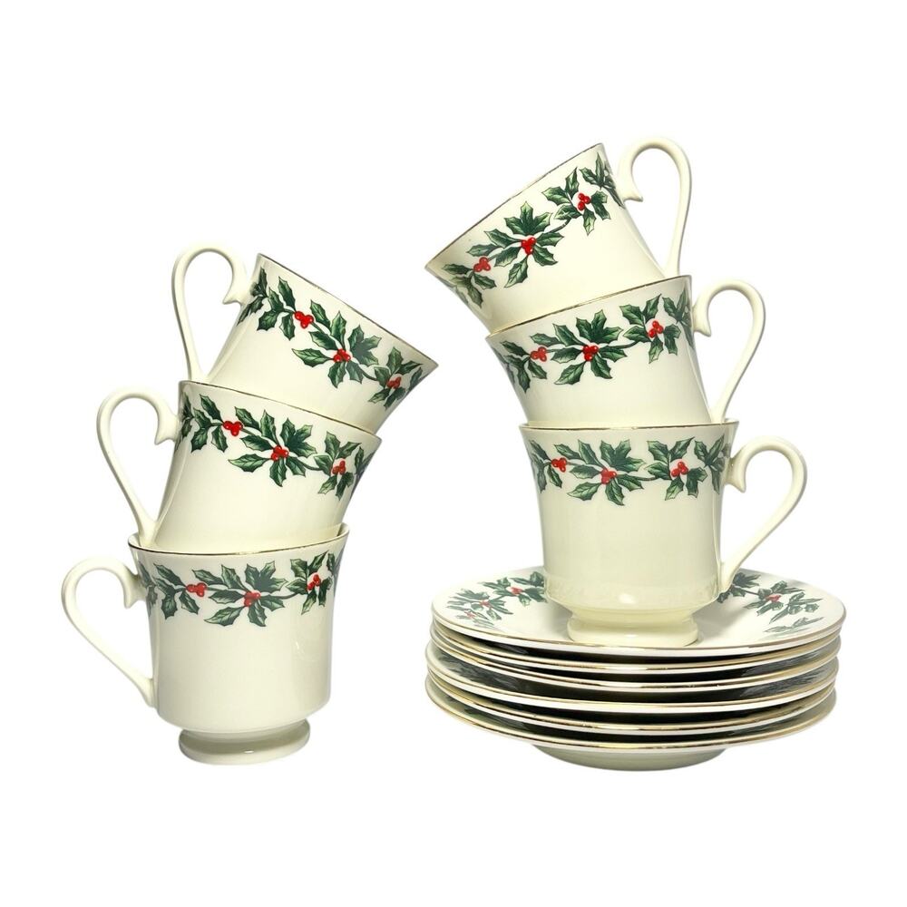 Baum Brothers “Holly” 6 Porcelain Christmas Teacups 3 1/8” 6oz & Saucers 5 7/8”